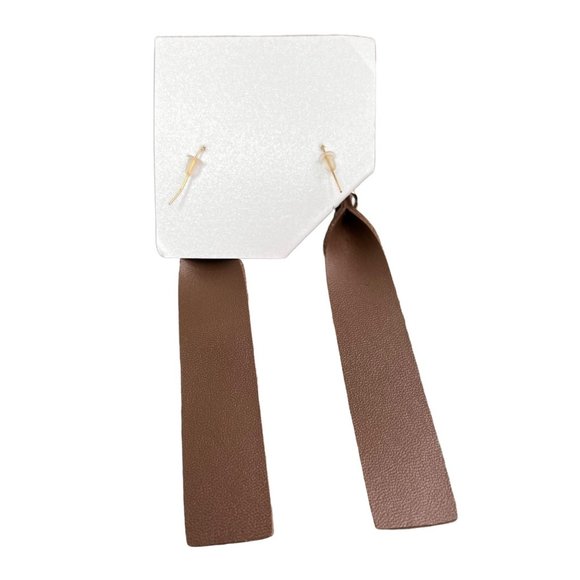 Faux Leather Dangle Drop Earrings Brown Pebbled Long Boho Genie Mack NWT - Picture 2 of 4